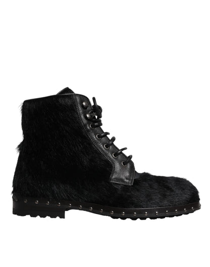 Dolce &amp; Gabbana Black Pony Style Leather Mid Calf Boots Shoes