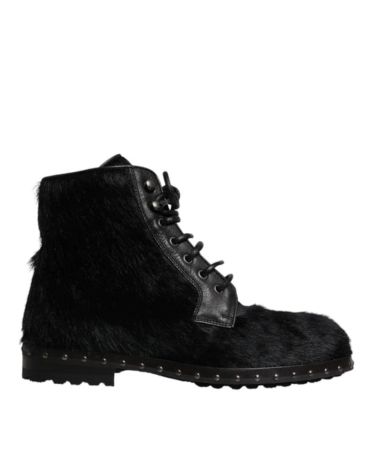 Dolce &amp; Gabbana Black Pony Style Leather Mid Calf Boots Shoes