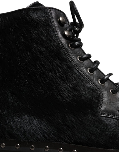 Dolce &amp; Gabbana Black Pony Style Leather Mid Calf Boots Shoes