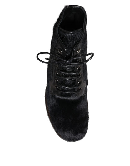 Dolce &amp; Gabbana Black Pony Style Leather Mid Calf Boots Shoes