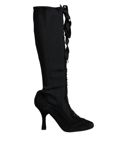 Dolce &amp; Gabbana Black Lace Up Heels High Boots Shoes