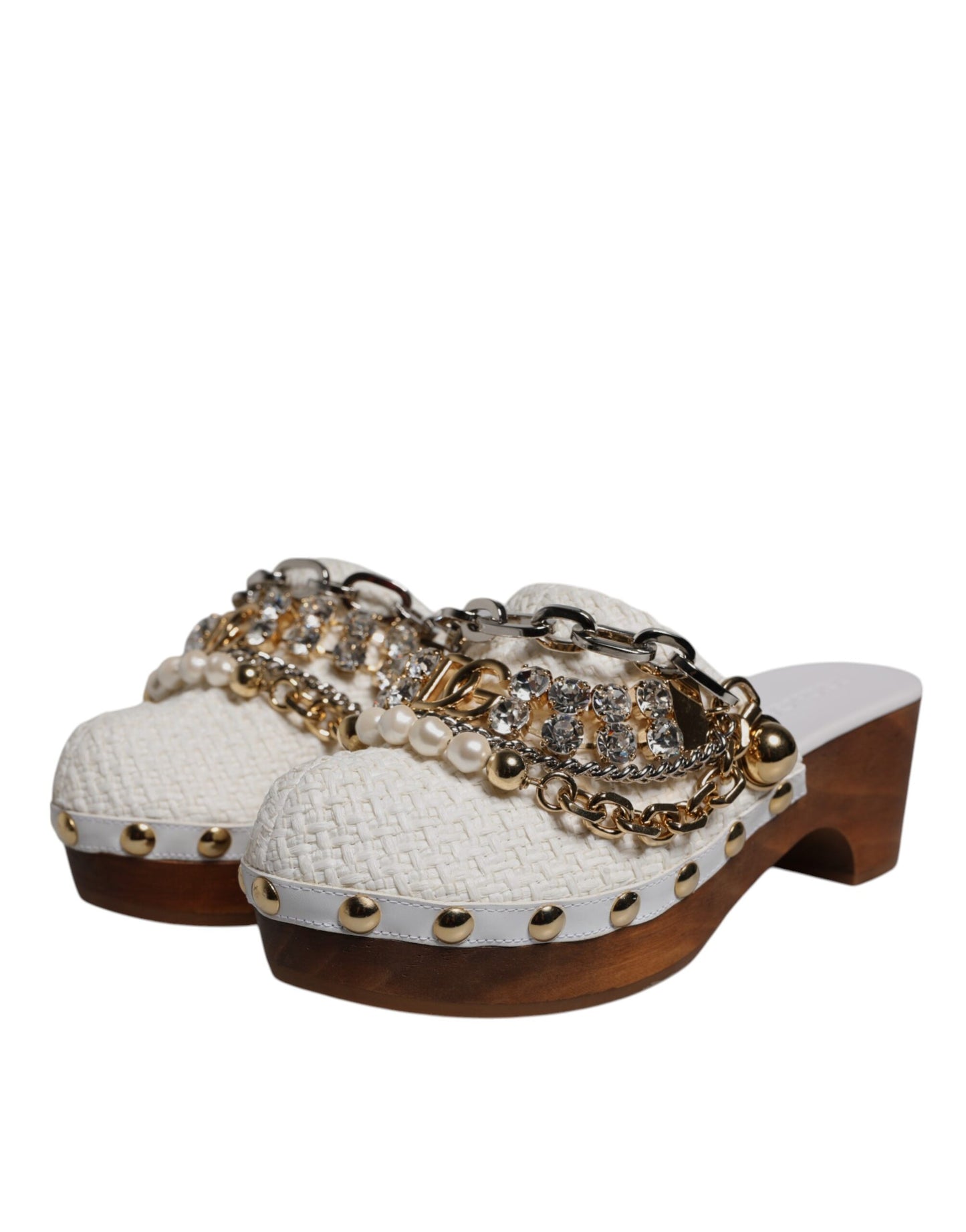 Dolce &amp; Gabbana Weiße Raffia Clogs mit Schmucksteinen und Kette Sandalen Schuhe