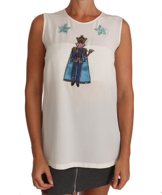 Dolce &amp; Gabbana Weißes Seiden-T-Shirt mit Kristall-Pailletten