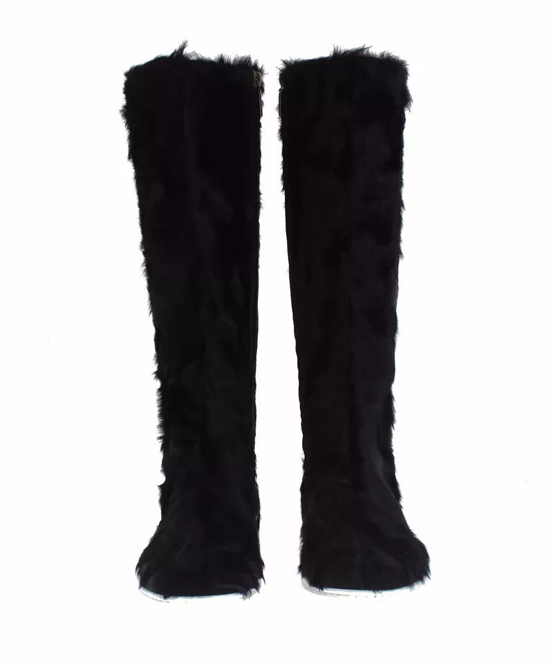 Dolce &amp; Gabbana Black Xiangao Lamb Fur Leather Boots Shoes