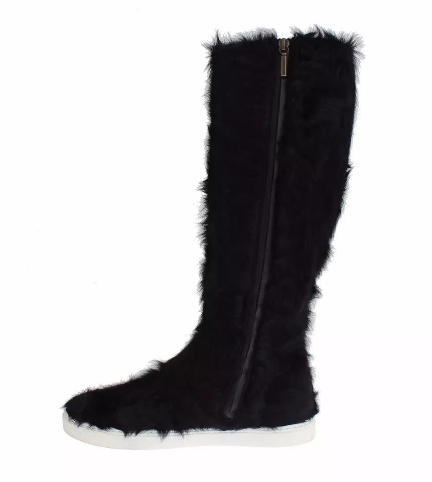 Dolce &amp; Gabbana Black Xiangao Lamb Fur Leather Boots Shoes