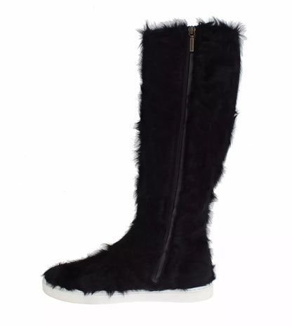 Dolce &amp; Gabbana Black Xiangao Lamb Fur Leather Boots Shoes