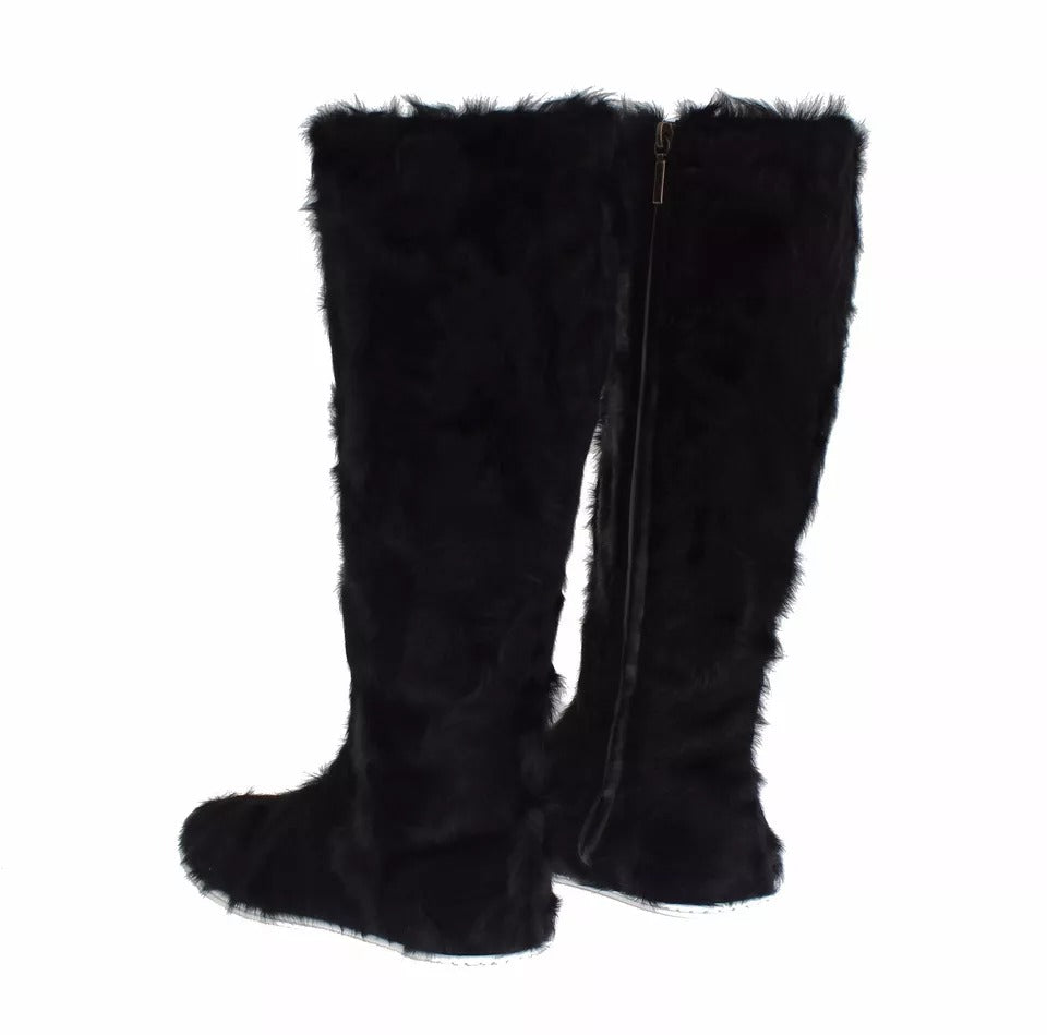 Dolce &amp; Gabbana Black Xiangao Lamb Fur Leather Boots Shoes