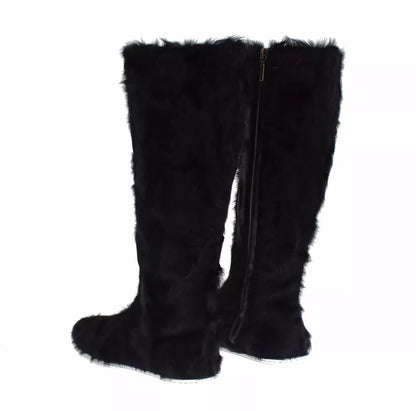Dolce &amp; Gabbana Black Xiangao Lamb Fur Leather Boots Shoes