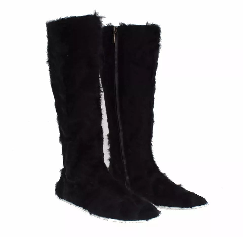 Dolce &amp; Gabbana Black Xiangao Lamb Fur Leather Boots Shoes