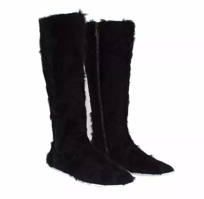 Dolce &amp; Gabbana Black Xiangao Lamb Fur Leather Boots Shoes
