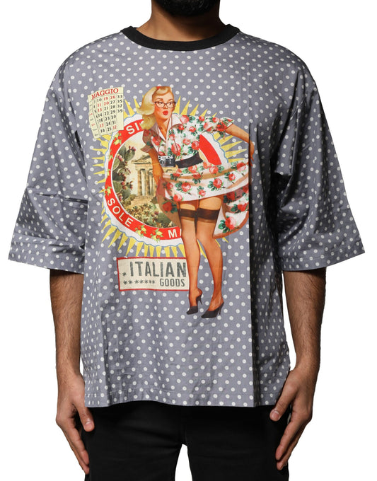 Dolce &amp; Gabbana Graues T-Shirt mit Rundhalsausschnitt und Pin-Up-Print mit Polka Dots