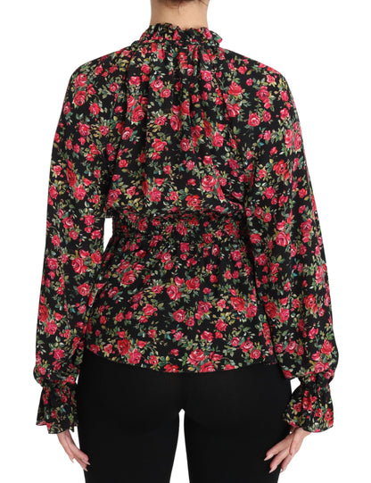Dolce &amp; Gabbana – Schwarze Bluse mit Rosen-Print und Blumenmuster
