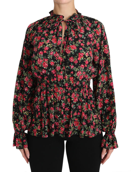 Dolce &amp; Gabbana – Schwarze Bluse mit Rosen-Print und Blumenmuster