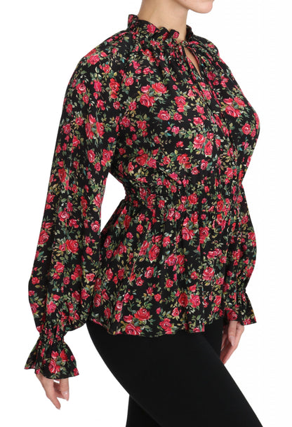 Dolce &amp; Gabbana – Schwarze Bluse mit Rosen-Print und Blumenmuster