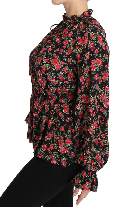 Dolce &amp; Gabbana – Schwarze Bluse mit Rosen-Print und Blumenmuster