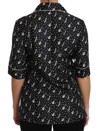 Dolce &amp; Gabbana Schwarzes Seidenhemd mit Gitarren- und Trompetendruck