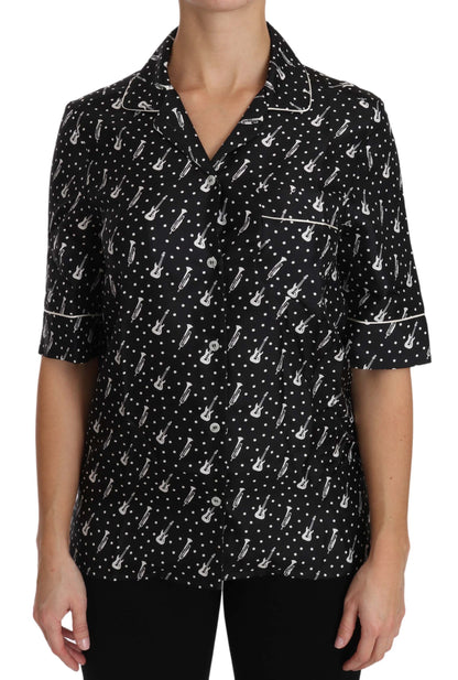 Dolce &amp; Gabbana Schwarzes Seidenhemd mit Gitarren- und Trompetendruck