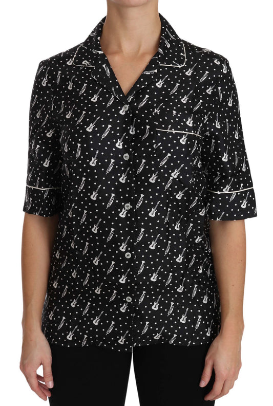 Dolce &amp; Gabbana Schwarzes Seidenhemd mit Gitarren- und Trompetendruck