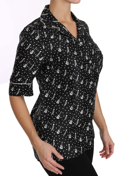 Dolce &amp; Gabbana Schwarzes Seidenhemd mit Gitarren- und Trompetendruck