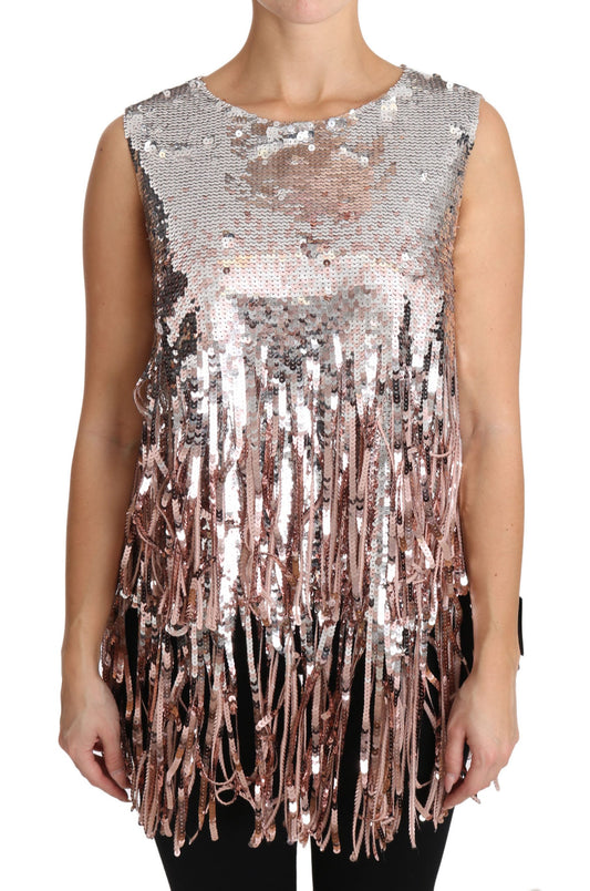 Dolce &amp; Gabbana – Tanktop mit Paillettenfransen in Goldrosa