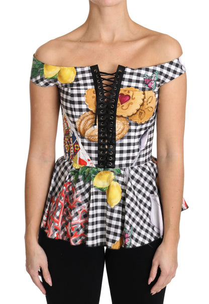 Dolce &amp; Gabbana – Schwarz-weiße Korsettbluse „Sicily Lemon Check Top“