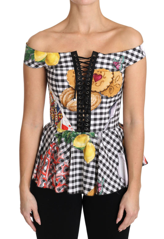 Dolce &amp; Gabbana – Schwarz-weiße Korsettbluse „Sicily Lemon Check Top“