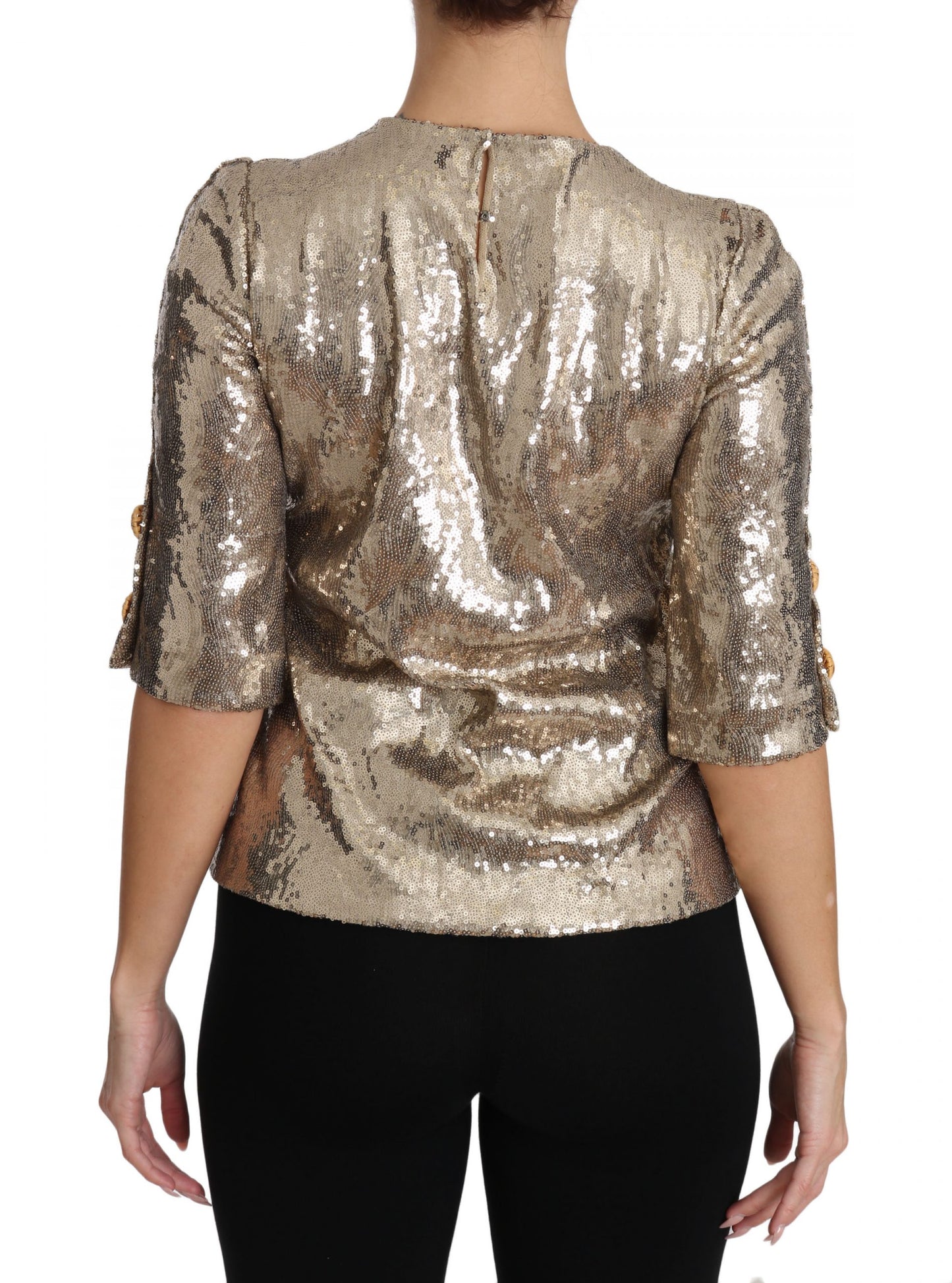 Dolce &amp; Gabbana – Bluse mit goldenen Pailletten und Papageien-Kristallen