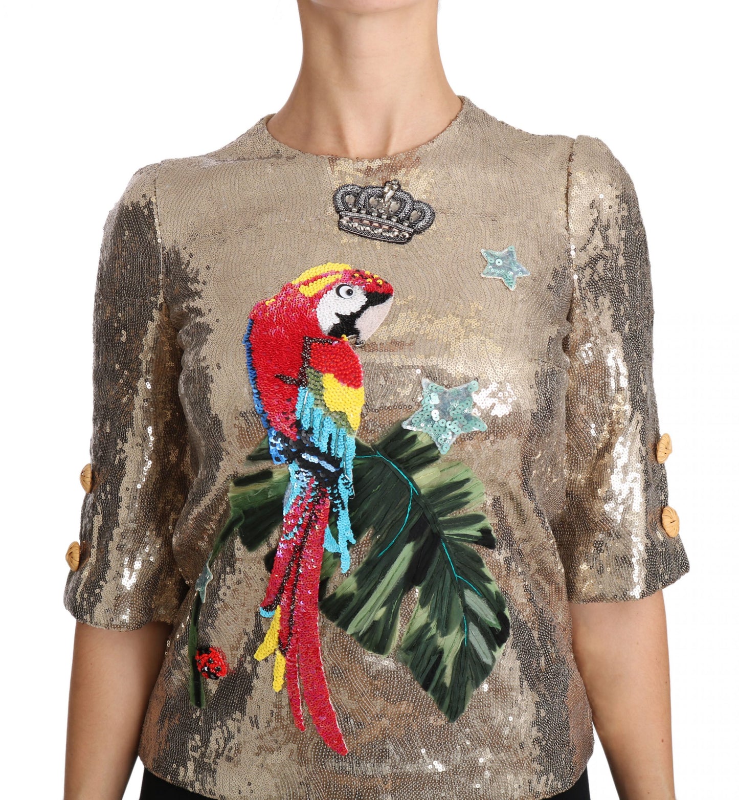 Dolce &amp; Gabbana – Bluse mit goldenen Pailletten und Papageien-Kristallen