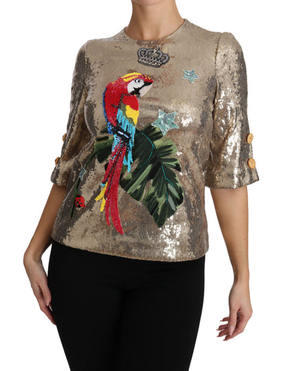 Dolce &amp; Gabbana – Bluse mit goldenen Pailletten und Papageien-Kristallen