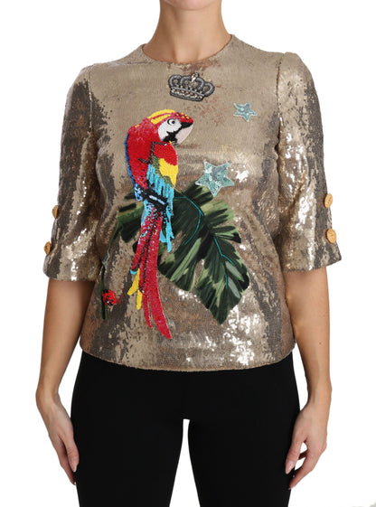 Dolce &amp; Gabbana – Bluse mit goldenen Pailletten und Papageien-Kristallen