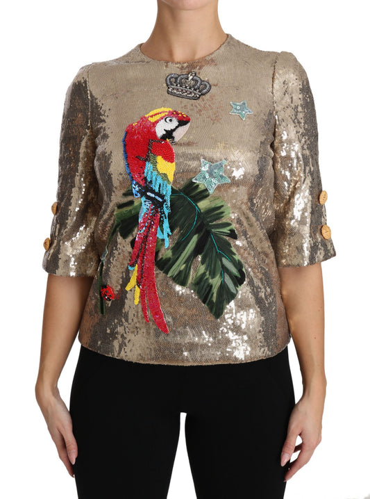 Dolce &amp; Gabbana – Bluse mit goldenen Pailletten und Papageien-Kristallen