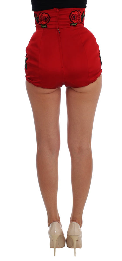 Dolce &amp; Gabbana Rote Seidenshorts mit Kristallrosen 