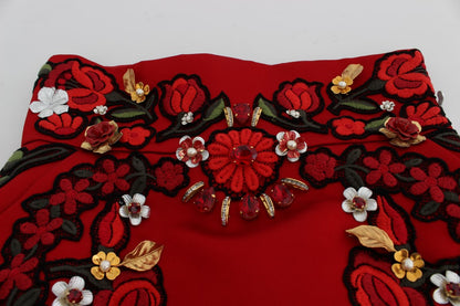 Dolce &amp; Gabbana Rote Seidenshorts mit Kristallrosen 