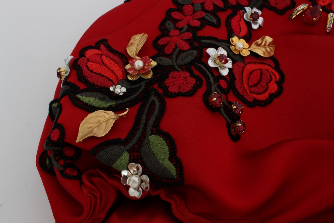 Dolce &amp; Gabbana Rote Seidenshorts mit Kristallrosen 