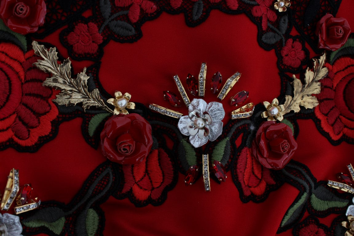 Dolce &amp; Gabbana Rote Seidenshorts mit Kristallrosen 