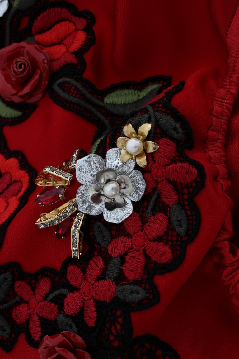 Dolce &amp; Gabbana Rote Seidenshorts mit Kristallrosen 