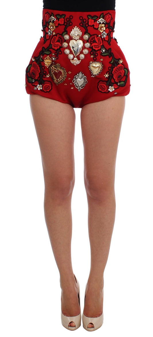 Dolce &amp; Gabbana Rote Seidenshorts mit Kristallrosen