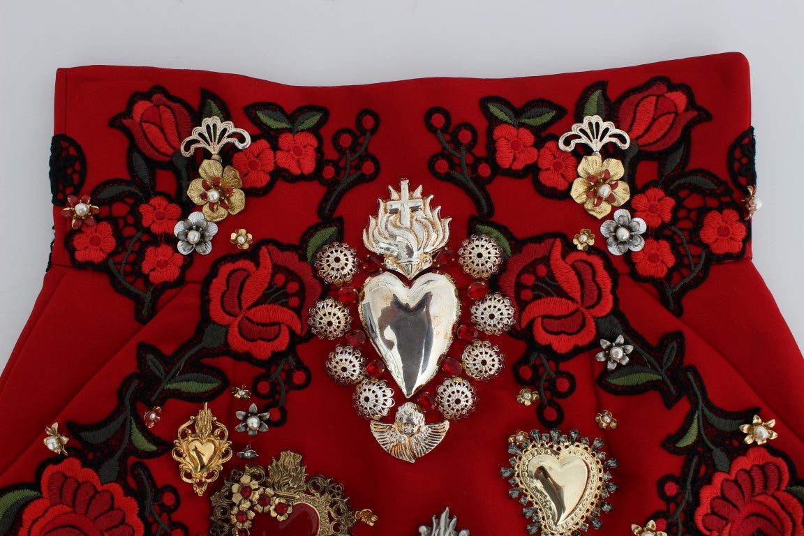 Dolce &amp; Gabbana Rote Seidenshorts mit Kristallrosen