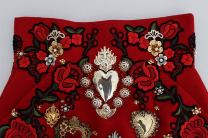 Dolce &amp; Gabbana Rote Seidenshorts mit Kristallrosen