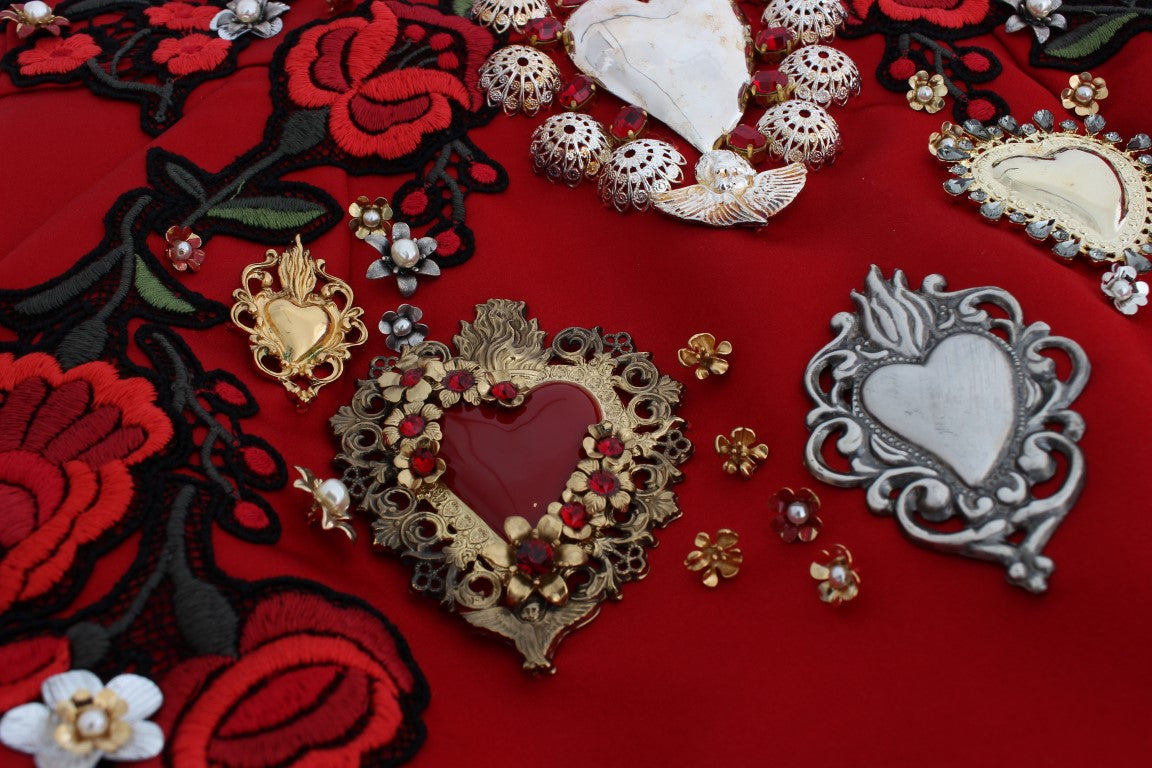 Dolce &amp; Gabbana Rote Seidenshorts mit Kristallrosen