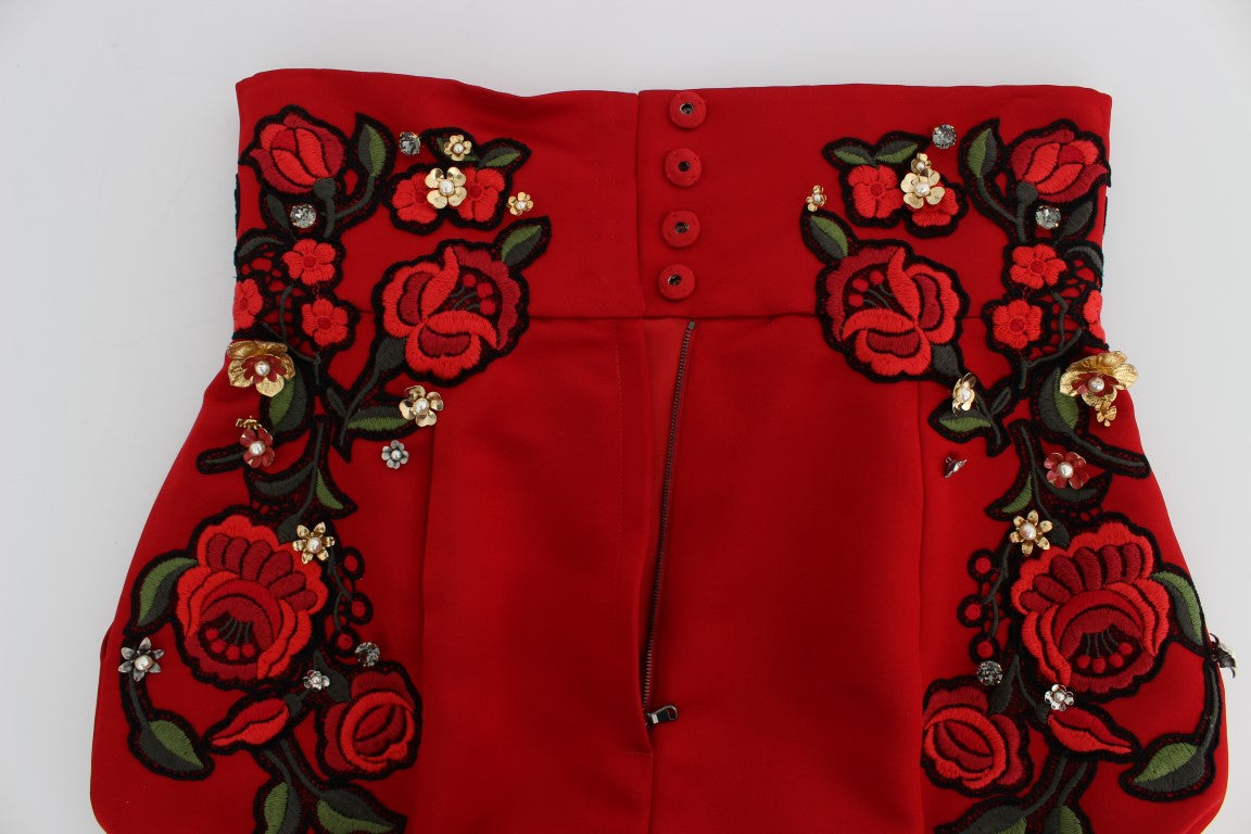 Dolce &amp; Gabbana Rote Seidenshorts mit Kristallrosen