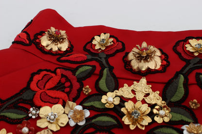 Dolce &amp; Gabbana Rote Seidenshorts mit Kristallrosen 
