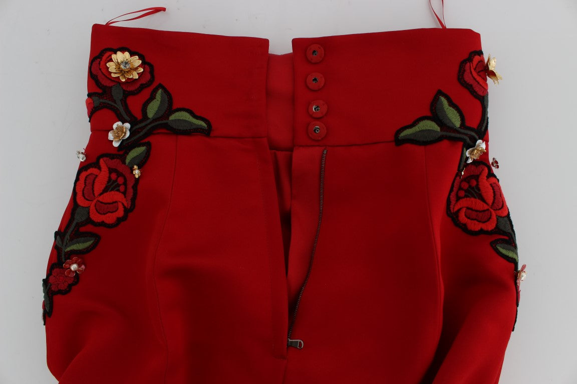 Dolce &amp; Gabbana Rote Seidenshorts mit Kristallrosen 