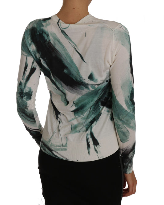 Dolce &amp; Gabbana White Silk Cardigan Lightweight Paint Stroke Sweater