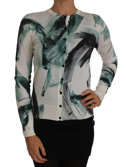 Dolce &amp; Gabbana – Weißer Seidencardigan, leichter Pullover mit Farbstrichen