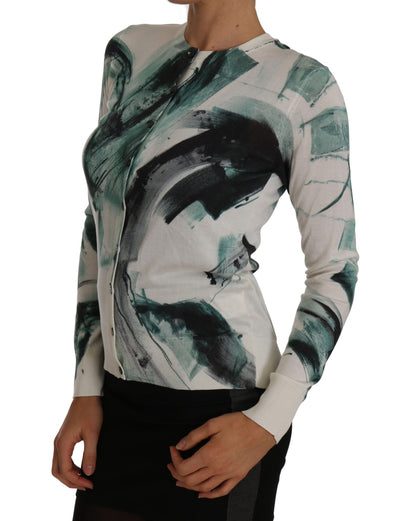 Dolce &amp; Gabbana – Weißer Seidencardigan, leichter Pullover mit Farbstrichen