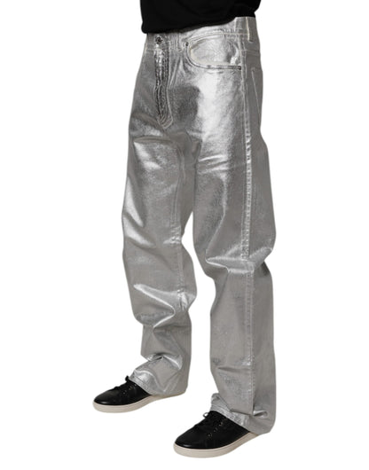 Dolce &amp; Gabbana – Gerade geschnittene Jeans aus Baumwolle in Metallic-Silber