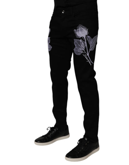 Dolce &amp; Gabbana Schwarze Skinny-Jeans aus Baumwolle mit Blumenmuster für Herren