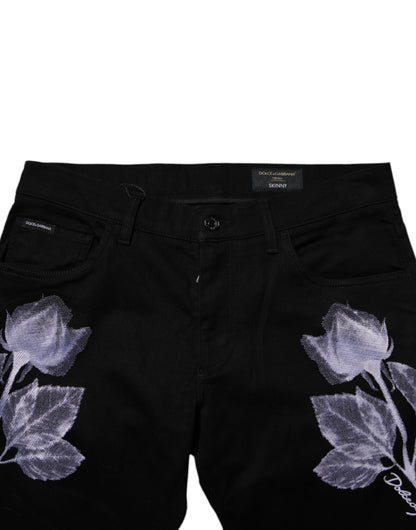 Dolce &amp; Gabbana Schwarze Skinny-Jeans aus Baumwolle mit Blumenmuster für Herren