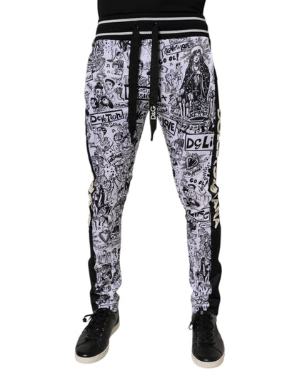 Dolce &amp; Gabbana White Graffiti Polyester Jogger Men Sweatpants Pants